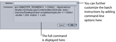 Figure. Options and Command fields in the Shake plug-in dialog.