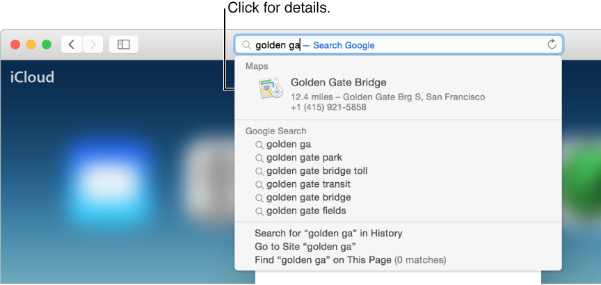 The search phrase "golden ga" being entered in the address and search field, and the Spotlight Suggestion result for Golden Gate Bridge