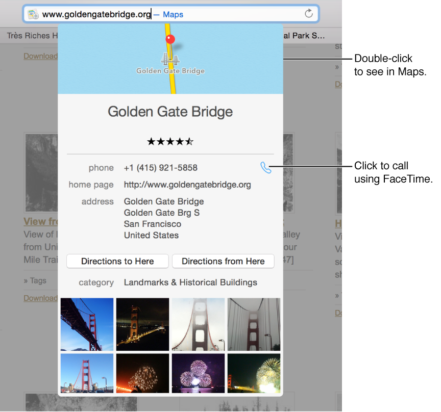 Address and search field containing “www.goldengatebridge.org — Maps,” and below it the Spotlight Suggestion details for Golden Gate bridge