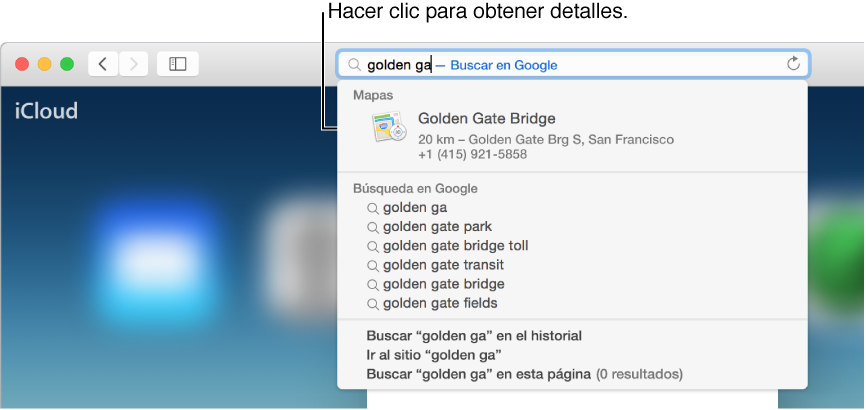Frase de búsqueda “golden” que está insertando en el campo de dirección y búsqueda y el resultado de las sugerencias de Spotlight para el puente Golden Gate.