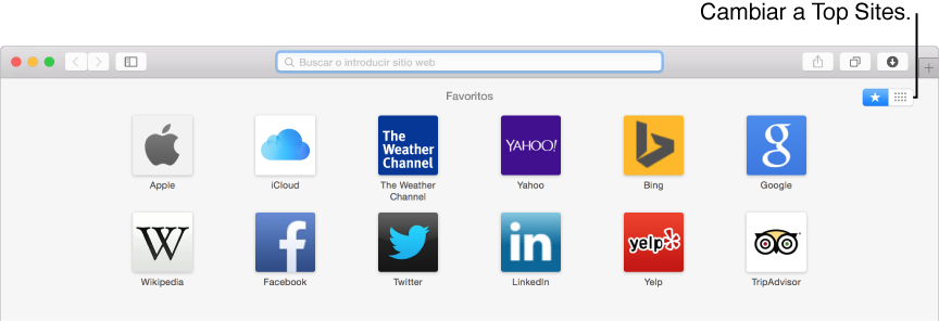 Ventana de Safari que muestra los iconos de Favoritos en la página de Favoritos y Top Sites.