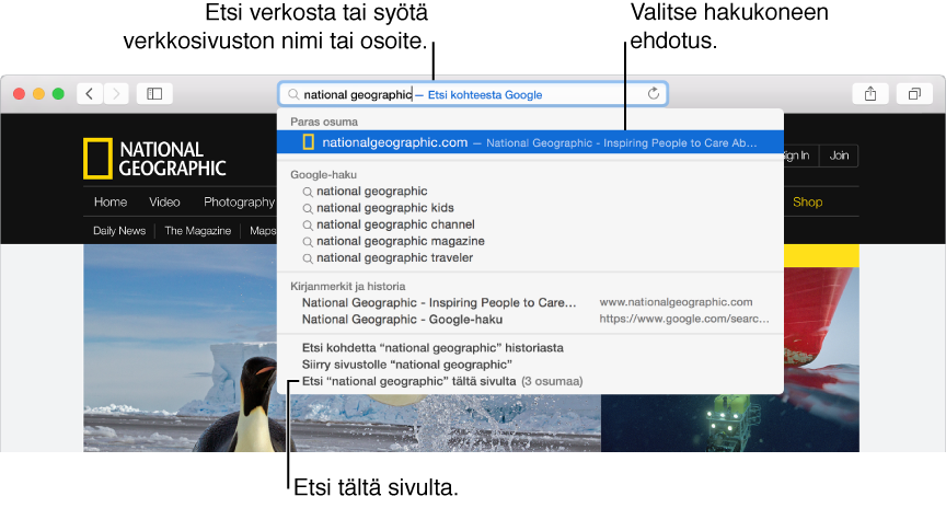 Safarin osoite- ja hakukenttä ja hakutulosten luettelo sen alapuolella