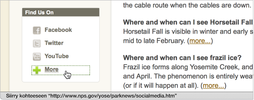 Osoitin linkin päällä verkkosivulla ja linkin URL-osoite tilapalkissa sivun alareunassa