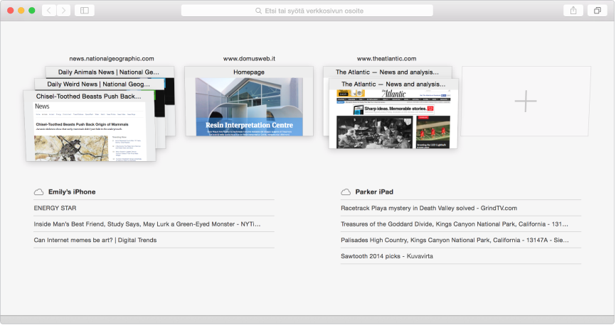 Kaikki välilehdet -näkymä vieritettynä alas siten, että muissa laitteissa auki olevien verkkosivujen luettelo näkyy
