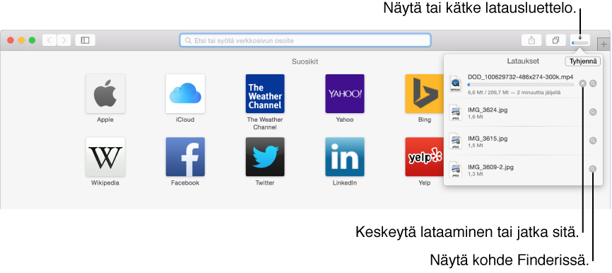 Työkalupalkin Lataukset-painike ja latausten luettelo sen alapuolella