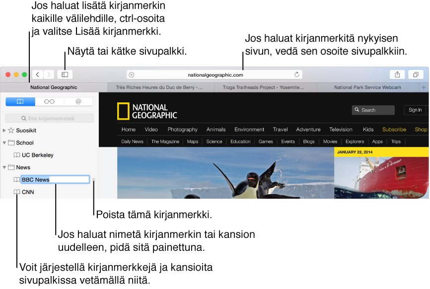 Safari-ikkuna, jonka sivupalkissa näkyy kirjanmerkkejä, joista yksi on valittu muokattavaksi