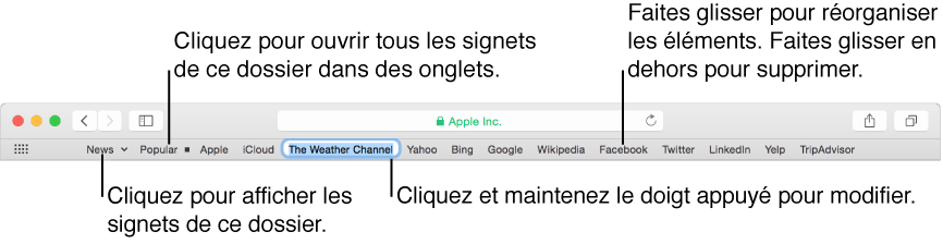 Barre des favoris contenant un dossier de signets qui, lorsque vous cliquez dessus, affiche un menu local correspondant aux signets qu’il contient. Un autre dossier est configuré pour ouvrir tous les signets qu’il contient dans des onglets lorsque vous cliquez dessus. Pour modifier un signet ou un dossier dans la barre, appuyez dessus et maintenez-le enfoncé. Pour réorganiser des éléments de la barre, faites-les glisser. Pour supprimer un élément, faites-le glisser en dehors de la barre.