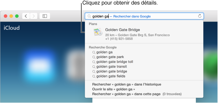 Saisie de l’expression « golden ga » à rechercher dans le champ d’adresse et de recherche, et résultat issu des suggestions Spotlight pour Golden Gate Bridge