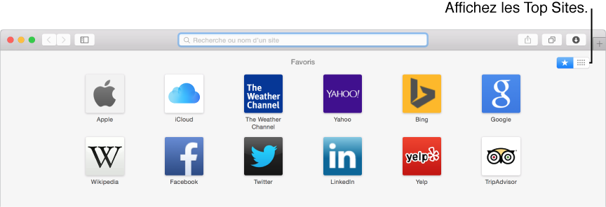 Fenêtre Safari affichant les icônes des favoris dans les favoris et la page Top Sites