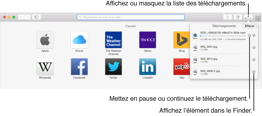 Bouton Téléchargements de la barre d’outils, et la liste de téléchargements se trouve en dessous de celui-ci