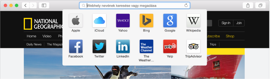 Safari cím- és keresésmező, alatta a kedvenc webhelyek ikonjaival