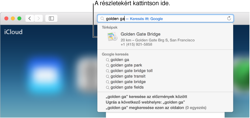 A „golden ga” kifejezés a cím- és keresésmezőben, és a Spotlight-javaslatok eredménye a Golden Gate hídra