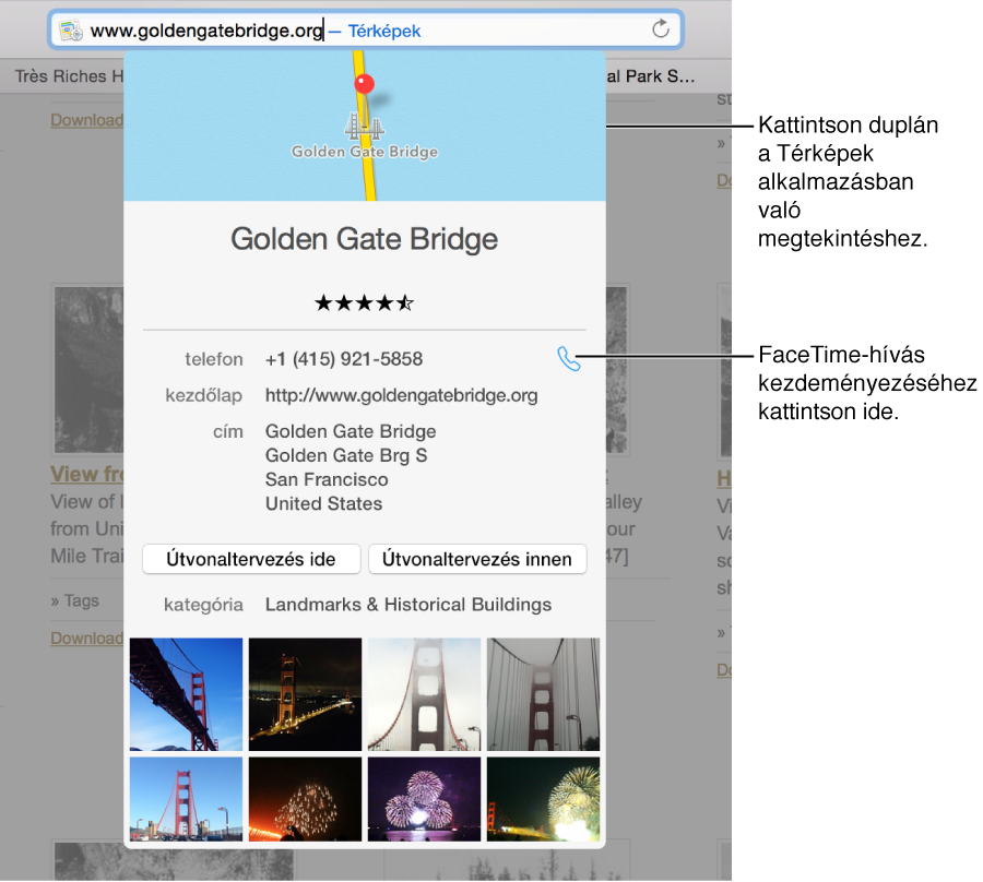 A „www.goldengatebridge.org – Térképek” szöveget tartalmazó cím- és keresésmező, alatta a Golden Gate híd Spotlight-javaslatainak részletei