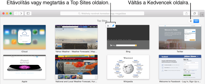 Safari-ablak Top Sites oldallal, ahol egy webhely bélyegképén a Kitűzés és az Eltávolítás gomb láthatók