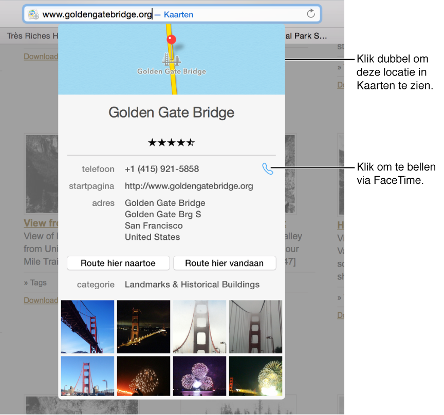 Adres- en zoekveld met de tekst "www.goldengatebridge.org — Maps" en daaronder de gegevens van de Spotlight-suggestie voor Golden Gate Bridge