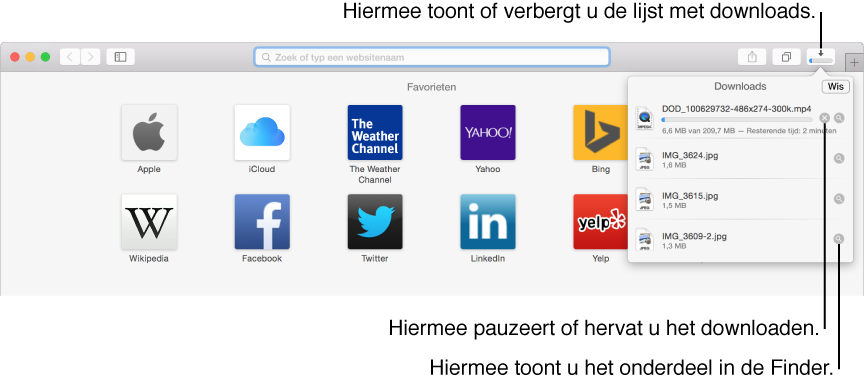 De knop 'Downloads' in de knoppenbalk met daaronder een lijst met downloads