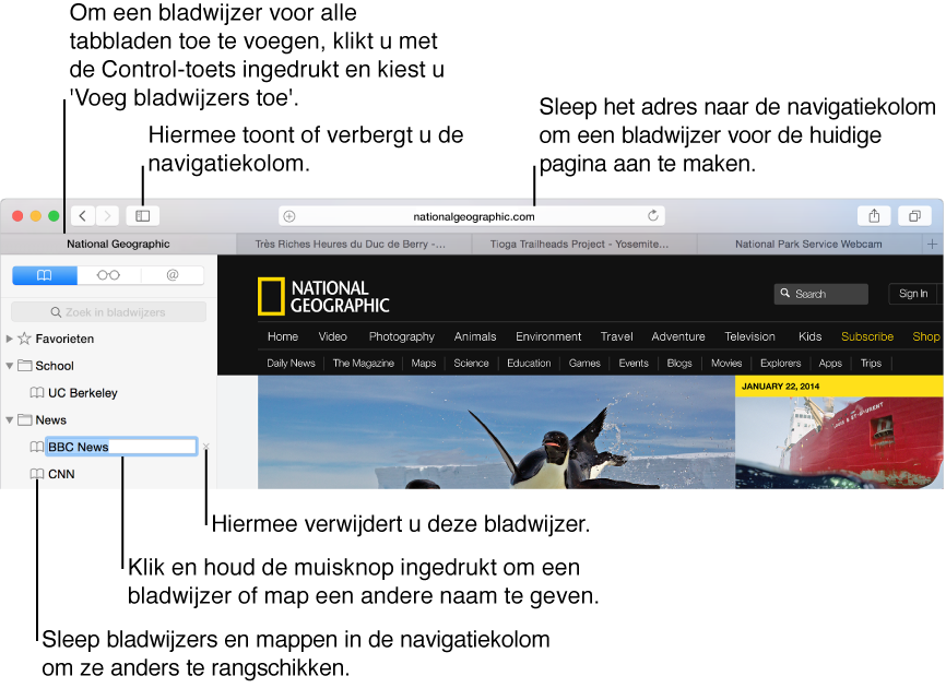 Safari-venster met bladwijzers in de navigatiekolom, waarvan er een is geselecteerd om te worden gewijzigd