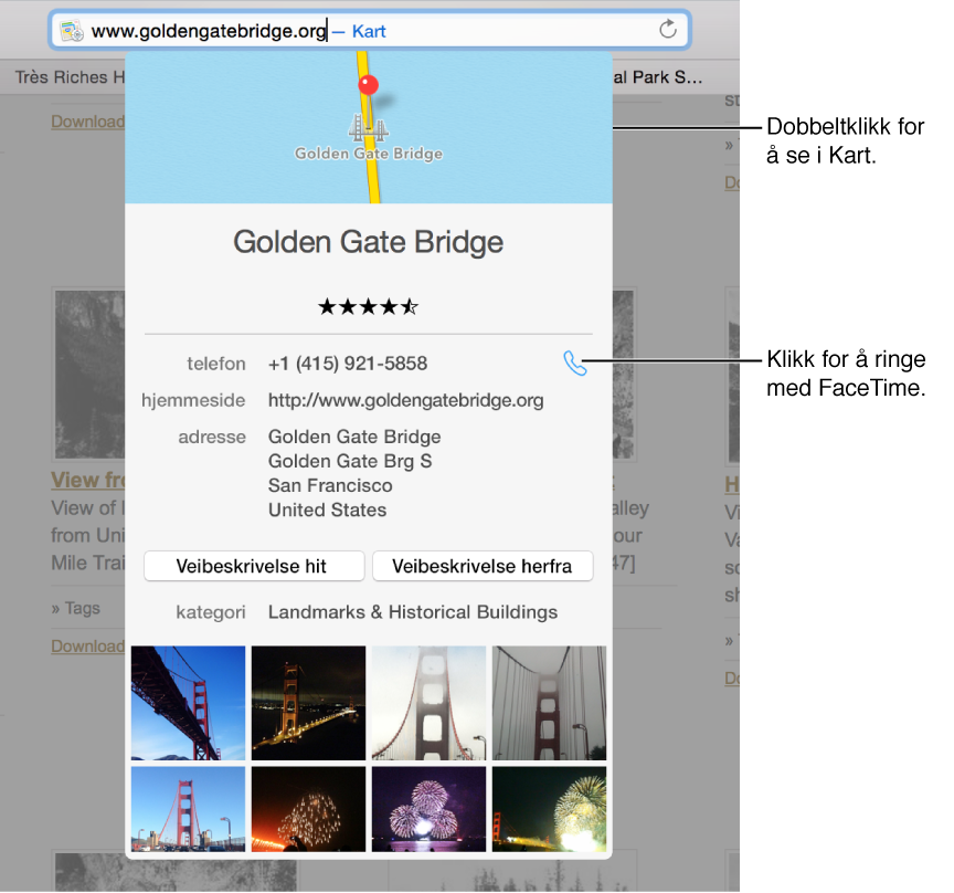 Adresse- og søkefelt som inneholder «www.goldengatebridge.org — Maps», og detaljer om Golden Gate-broen fra Spotlight-forslag under