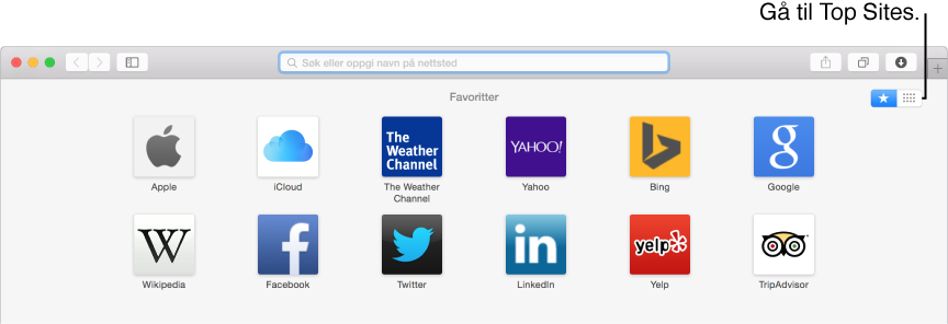 Safari-vindu med Favoritter-symboler på Favoritter- og Top Sites-siden