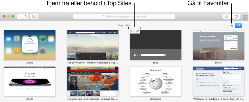 Safari-vindu som viser Top Sites med Nål- og Fjern-knappene på et miniatyrbilde av et nettsted