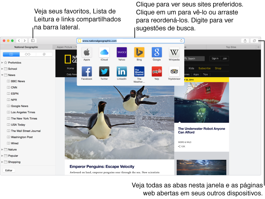 Uma janela do Safari com uma página web de exemplo e ícones Favoritos mostrados em uma lista pop-up abaixo dos campos de endereço e busca. Clique no botão Barra Lateral para mostrar ou ocultar os favoritos, Lista de Leitura ou barra lateral de Links Compartilhados. Clique nos campos de endereço e busca enquanto visualiza uma página web para ver ícones correspondentes aos seus sites favoritos. Clique em um ícone para ver o site ou arraste ícones para reorganizá-los. Comece a digitar nos campos de endereço e busca para ver sugestões de busca.