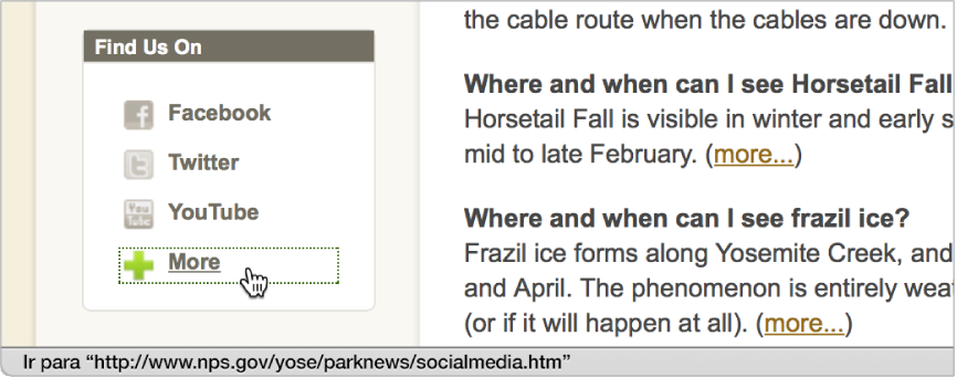 Cursor sobre um link em uma página web com o URL do link mostrado na barra de estado, na parte inferior da janela