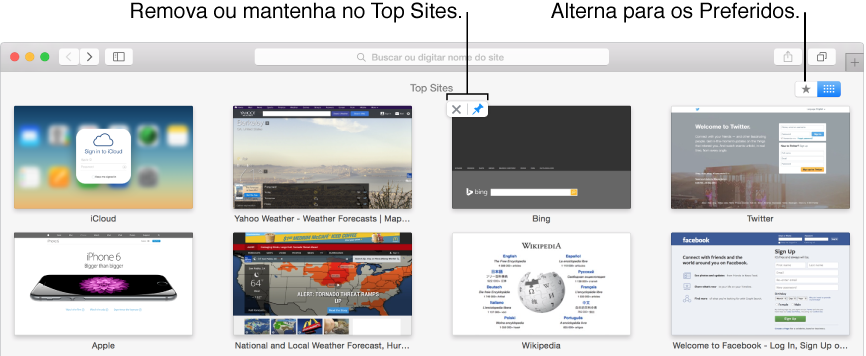 Janela do Safari mostrando Top Sites com os botões Alfinete e Remover em uma miniatura de site