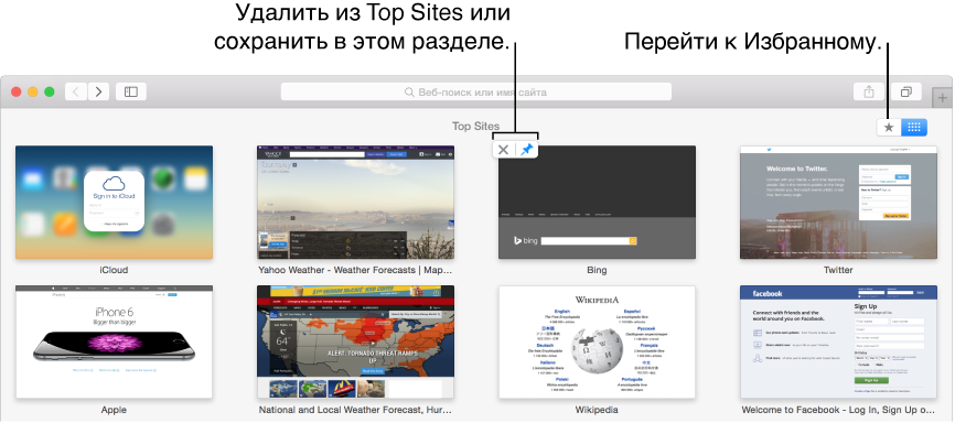 Окно Safari с Top Sites и кнопками «Булавка» и «Удалить» на миниатюре одного веб-сайта