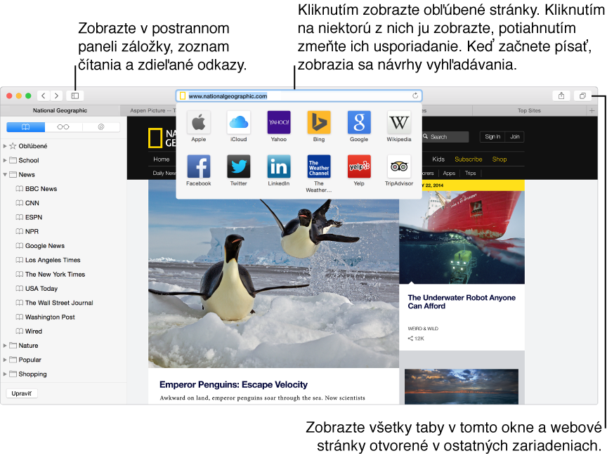 Okno Safari s príkladom webovej stránky a ikonami Obľúbené zobrazenými vo vyskakovacom zozname bod poľom adresy a vyhľadávania. Kliknutím na tlačidlo Postranný panel zobrazíte alebo skryjete záložky, zoznam Na prečítanie alebo postranný panel Zdieľané odkazy. Kliknutím na pole adresy a vyhľadávania počas zobrazovania webovej stránky zobrazíte ikony obľúbených stránok. Kliknutím na ikonu zobrazíte stránku alebo potiahnutím ikon zmeníte ich usporiadanie. Po začatí písania v poli adresy a vyhľadávania sa zobrazia návrhy vyhľadávania.