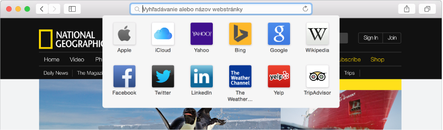 Pole adresy a vyhľadávania v Safari s ikonami obľúbených webových stránok pod ním