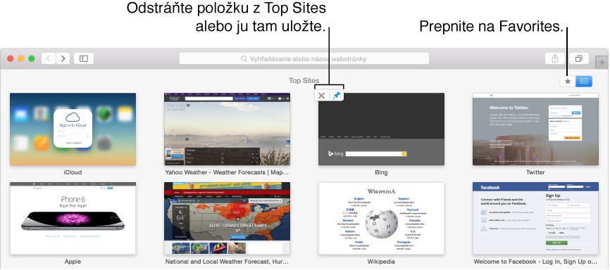Okno Safari zobrazujúce Top Sites a miniatúru webovej stránky s tlačidlom špendlíka a tlačidlom Odstrániť