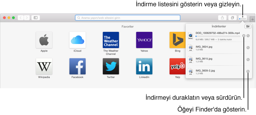 Altında indirilenler listesi bulunacak şekilde, araç çubuğundaki İndirilenler düğmesi