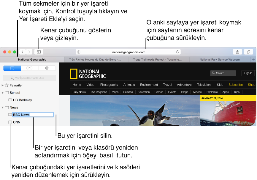 Biri düzenleme için seçilmiş şekilde, kenar çubuğunda yer işaretlerini gösteren Safari penceresi