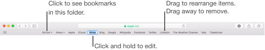 Favorites bar with a bookmarks folder. To edit a bookmark or folder in the bar, click and hold it. To rearrange items in the bar, drag them. To remove an item, drag it away from the bar.