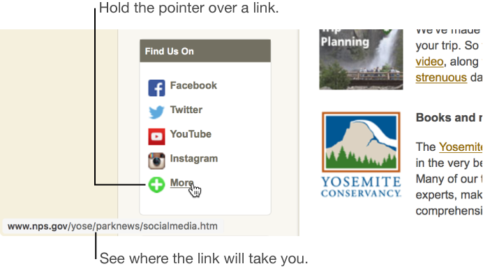 The pointer over a link on a webpage with the link URL shown in the status bar at the bottom of the window