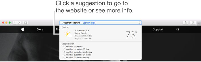 The search phrase "weather cupertino" entered in the Smart Search field, and the Spotlight Suggestion result