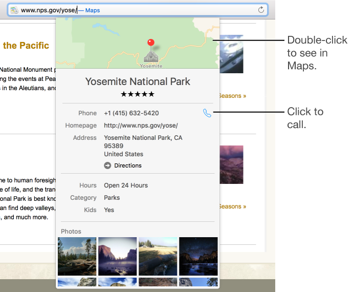 The Spotlight Suggestion details below the Smart Search field for Yosemite National Park 