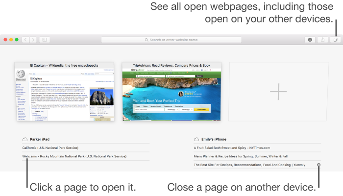 All Tabs view showing all open webpages, including those open on your other devices