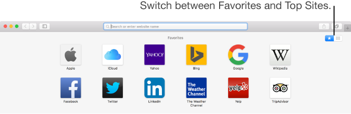 Safari window showing Top Sites with Pin and Remove buttons on one website thumbnail