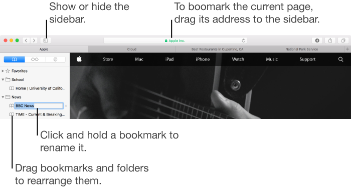 Safari window showing bookmarks in sidebar with one selected for editing