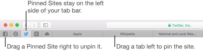 Pinned Sites in the Safari tab bar