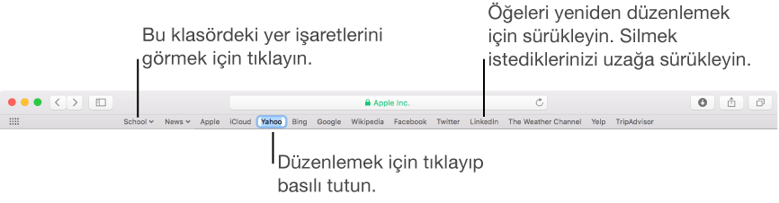 Yer işaretleri klasörünü içeren Favoriler çubuğu. Çubuktaki bir yer işaretini veya klasörü düzenlemek için tıklayıp basılı tutun. Çubuktaki öğeleri yeniden düzenlemek için sürükleyin. Bir öğeyi silmek için çubuktan uzağa sürükleyin.