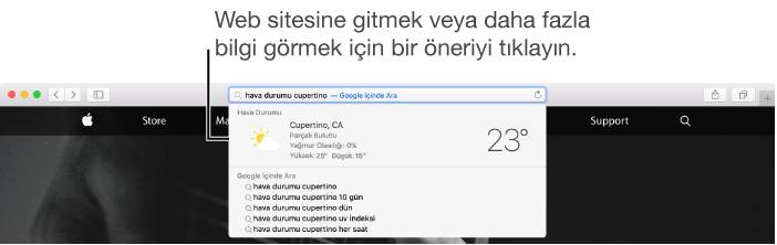 Akıllı Arama alanına girilen "weather cupertino" arama ifadesi ve Spotlight Öneri sonucu