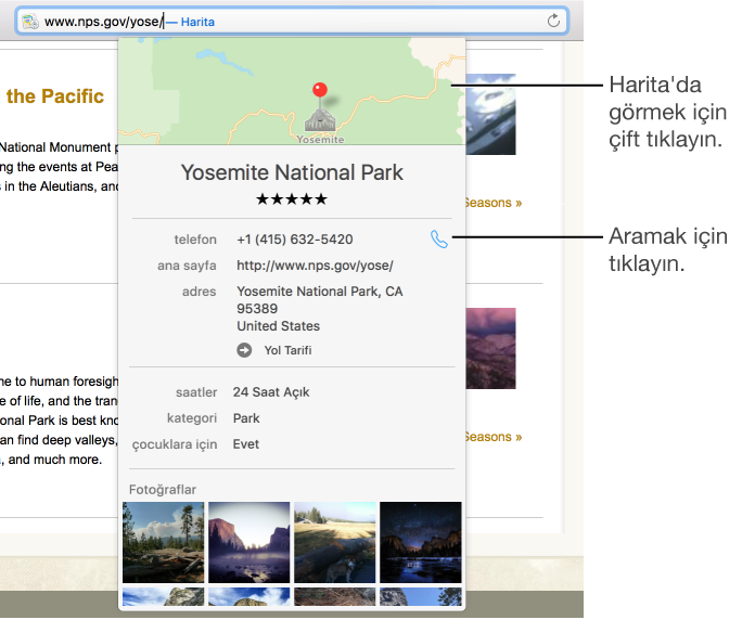 Yosemite Milli Parkı için Akıllı Arama alanının altında Spotlight Önerisi ayrıntıları 