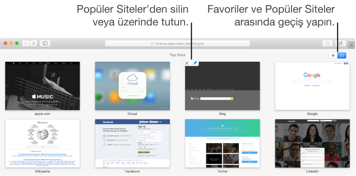 Küçük web sitesi resminin üzerindeki sabitle ve sil simgeleri ile Popüler Siteler’i gösteren Safari penceresi