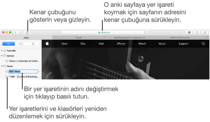 Biri düzenleme için seçilmiş şekilde, kenar çubuğunda yer işaretlerini gösteren Safari penceresi