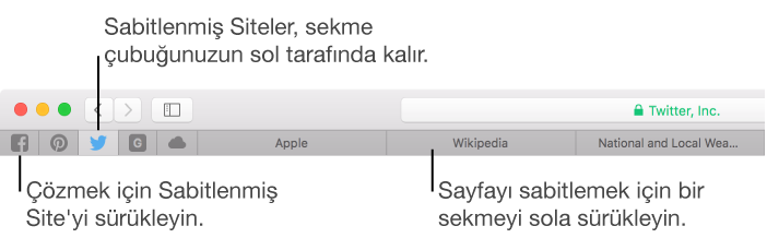 Safari sekme çubuğundaki İğnelenmiş Siteler