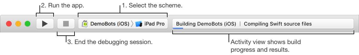 Xcode toolbar showing the scheme menu, run button, stop button, and activity view.