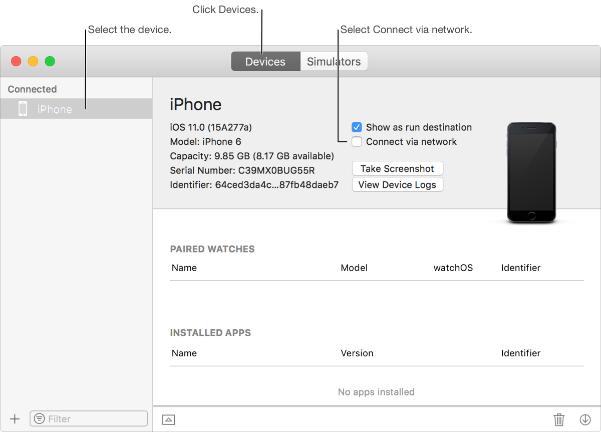 A screenshot showing an iPhone selected in the Devices pane of the Devices and Simulators window.