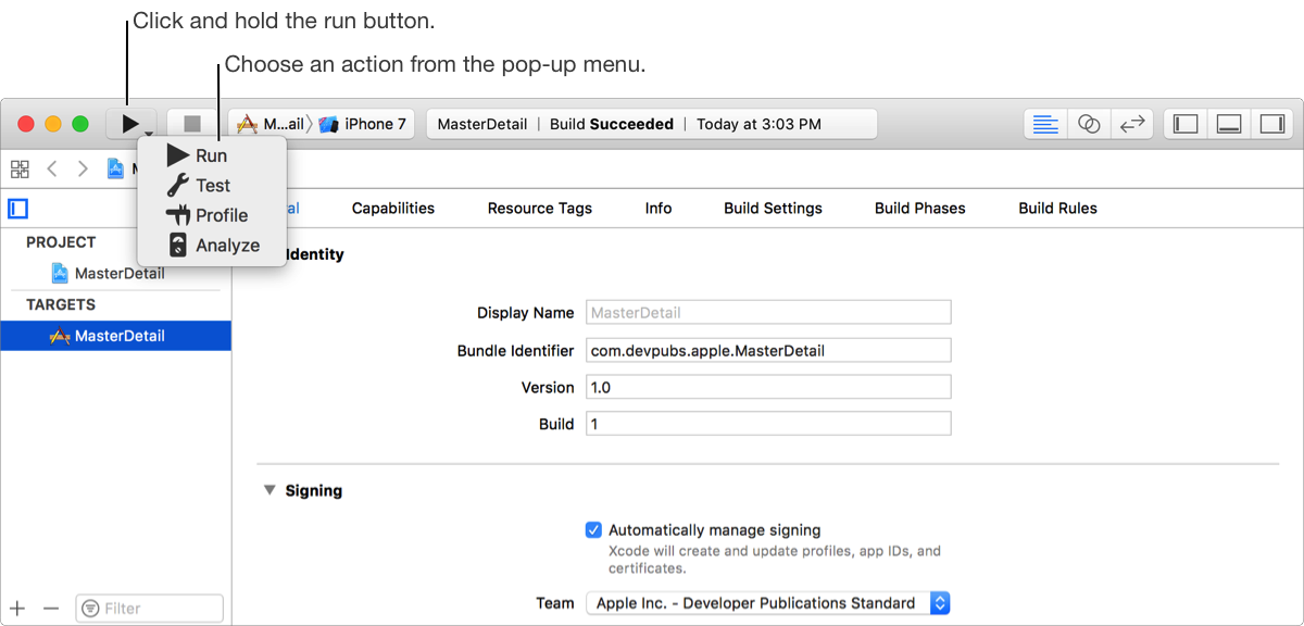 Xcode project window showing the Run pop-up menu with the possible actions.